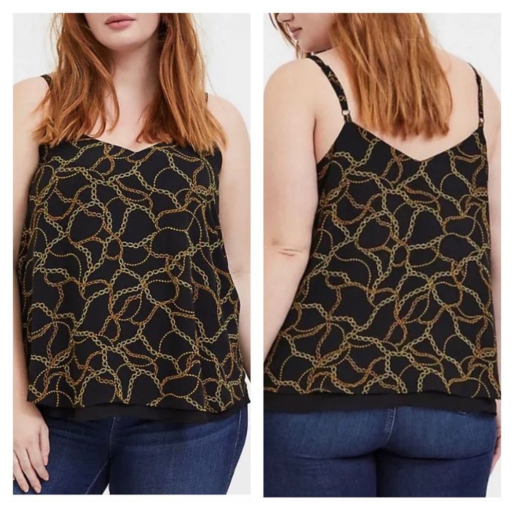 Torrid Women's Sleeveless GoldChain Airy Chiffon Black Cami TankTop Size 2 16-18